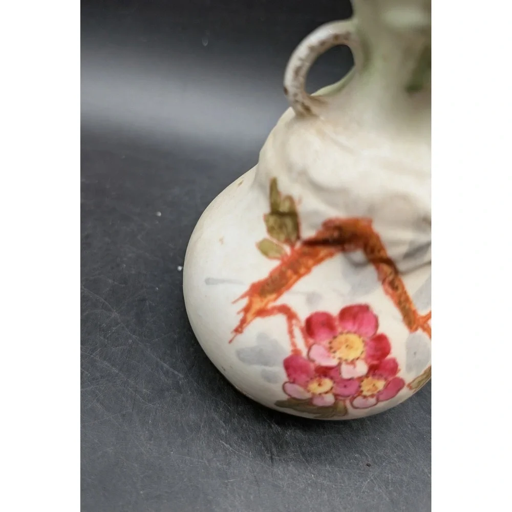 Antique Hand Painted Floral Porcelain Miniature Bud Vase Ruffled Rim 2-Handle